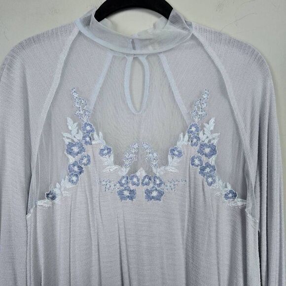 Free People Womens Saheli Embroidered Top Size Small Blue Mesh Peasant Coquette - Picture 3 of 7